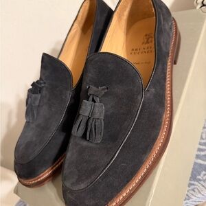 Brunello Cucinelli Black Suede Tassel Loafers
